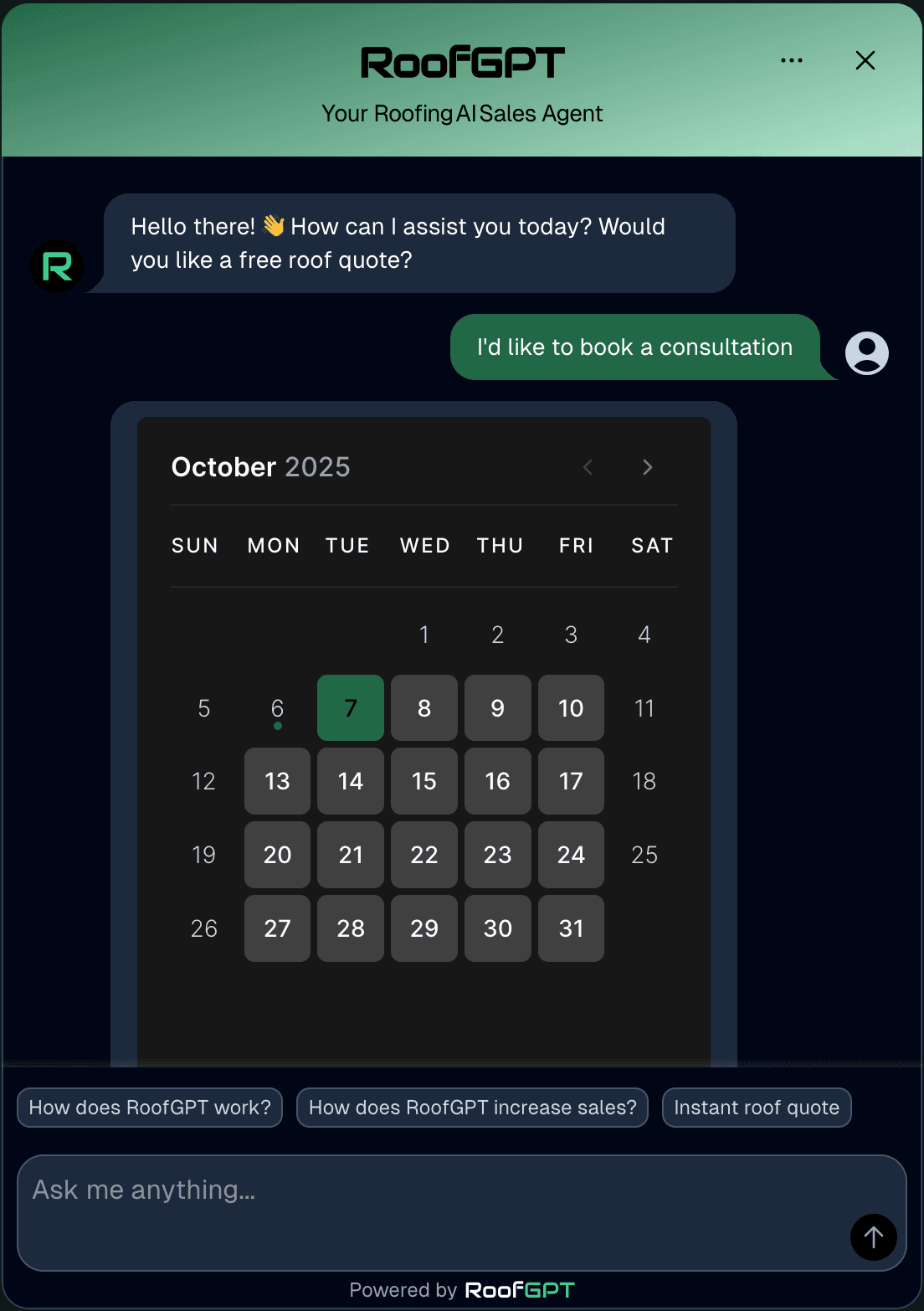 RoofGPT booking interface showing calendar for scheduling inspections