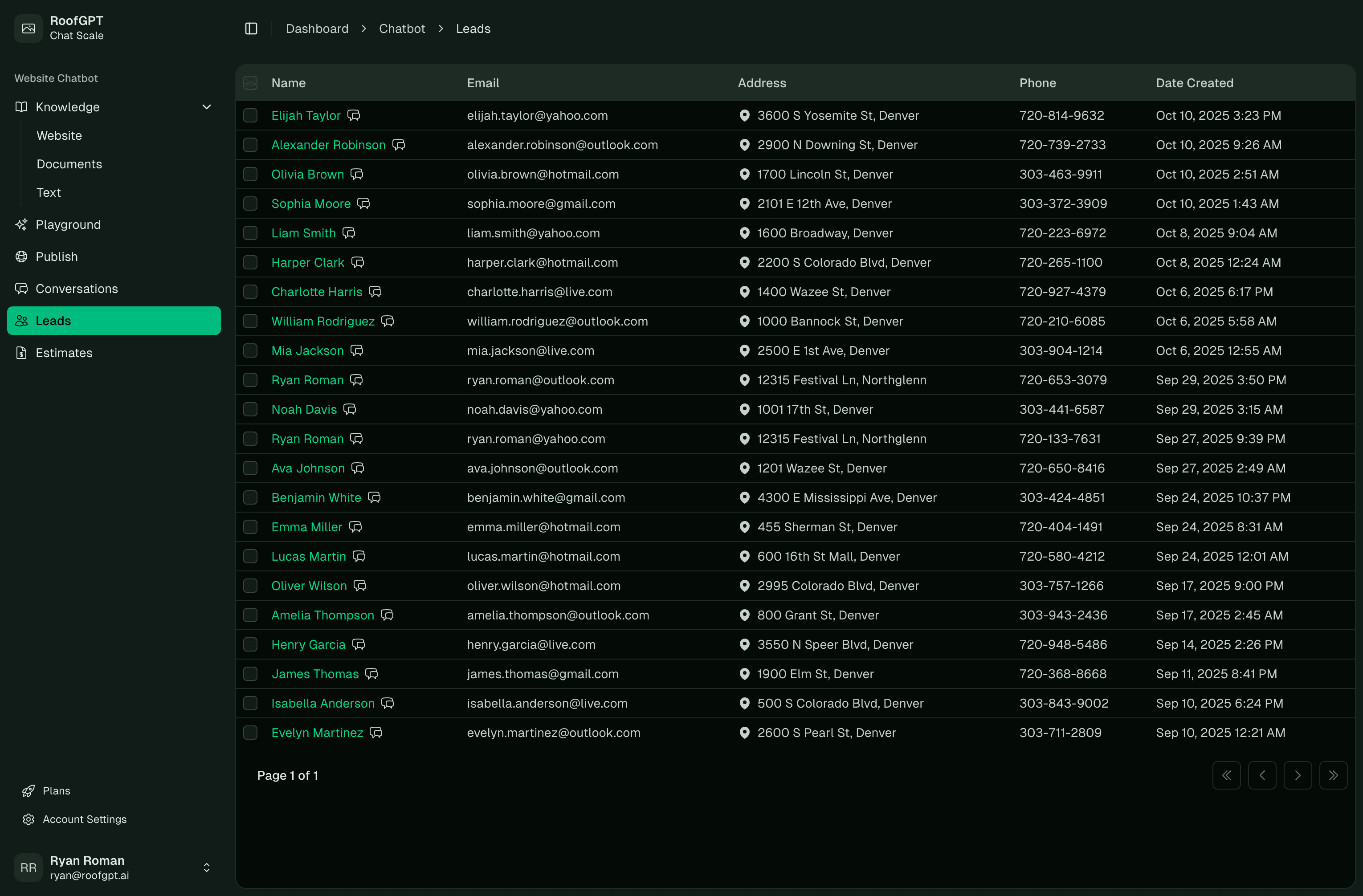 RoofGPT leads interface showing leads captured